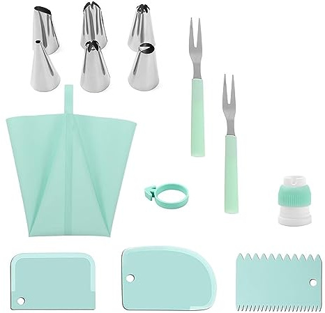 JasCherry Set di ugelli per tubazioni, distributori di glassa, kit da forno da 14 pezzi incluso 10 punte per tubazioni, 3 raschietti, 2 forchette, anelli in silicone, sacchetto per glassa