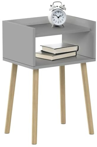 Grey Bedside Table Nightstand – Tall Wooden Side Table with Pinewood Legs & Open Shelf – Modern Storage Stand for Bedroom, Kids Room, Apartments – H60 x L40 x W30cm