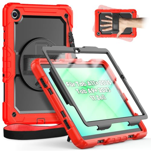 Timecity Hülle für Samsung Galaxy Tab A11+ Plus/A9+ Plus 11 Zoll,2025/2023 | 360° Drehbarem Ständer/Handschlaufe, Schultergurt, Für Samsung Galaxy Tab a11+ Hülle, mit Stoßfeste Displayschutz-Rot