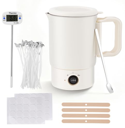 Elektrischer Wachsschmelzer für Kerzenherstellung, Elektrischer Wachsschmelzer 800ml, Kerzen Selber Machen Set mit Wachsschmelztopf, Thermometer, 100 Kerzendochte, Dochtaufkleber, Rührlöffel & Zubehör