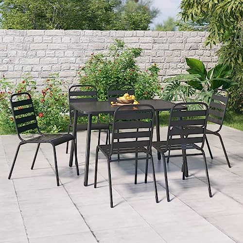 QJBSAVVA 7-TLG. Garten-Essgruppe Anthrazit 110x80 cm mit Stapelstühlen aus emailliertem Stahl Modernes Design Robust & Langlebig platzsparend für Balkon Garten Terrasse