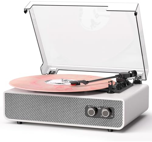 TANLANIN Vinyl Record Player with Speakers, 3-Speed Turntable, White Wood | 3-speed belt drive, Bluetooth in, auto stop, RCA/AUX and MDF cabinet, vintage home décor turntable for bedrooms and gifting