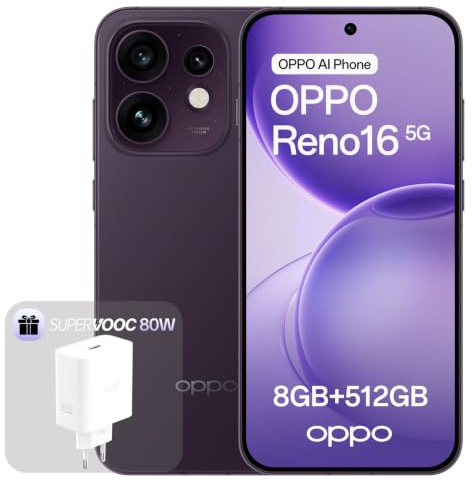 OPPO Reno16 5G Unlocked Smartphone, 8+512GB, 50MP+50MP 3.5X Teleobjektiv, 6.32 120Hz AMOLED Display, 4K Stabilisiertes Video, Snapdragon 7 Gen 4, IP69K, Twilight Violet (mit 80W SUPERVOOC Ladegerät)