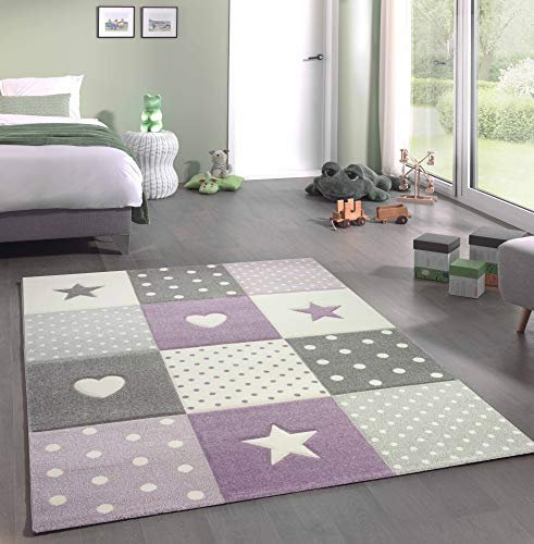 Teppich-Traum Kinderzimmer Teppich Spiel & Baby Teppich Herz Stern Punkte Design in Lila Grau Creme Größe 160x230 cm