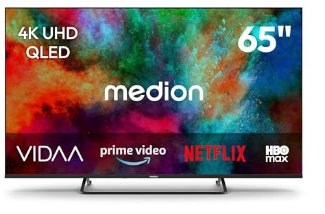 MEDION 163.9 cm 65 Téléviseur QLED Ultra HD Smart TV Dolby Vision HDR Dolby Atmos Vida Store Prime Video Disney+ DAZN HbbTV PVR Bluetooth HD+, MD865602