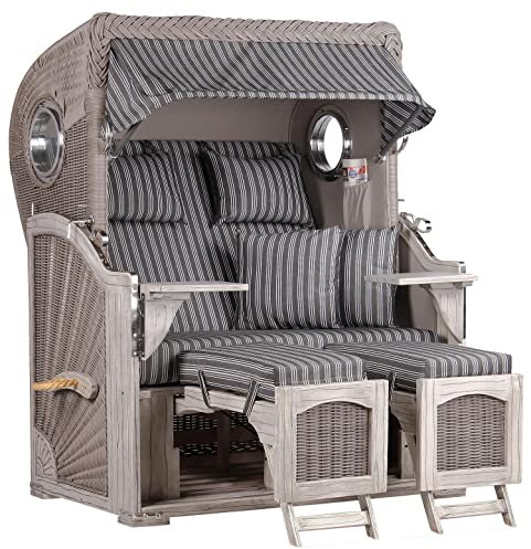 MR. DEKO® Strandkorb Düne Mahagoni Washed Grey 2-Sitzer Bullauge | PE Geflecht Koboo Grey | Volllieger verstellbar | Strandkörbe fertig montiert | mit Fußablage & 4 Kissen Wechselpolster | Dessin 500