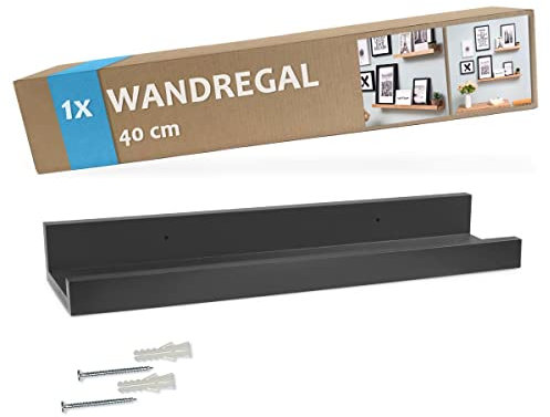 PHOTOLINI Wandregal stabiles MDF-Holz schwarz 40 cm, Schweberegal, modernes Design, Bilderleiste für Fotos, Poster & Deko-Objekte zur flexiblen Gestaltung, U-Form, einfaches Anbringen