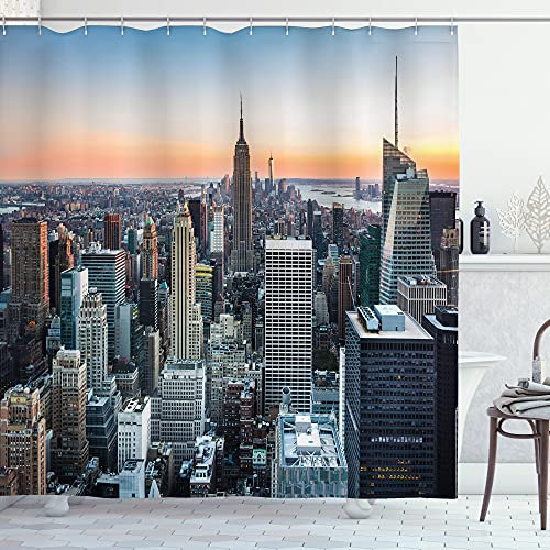 ABAKUHAUS New York Duschvorhang, NYC Manhattan Skyline Abenddämmerung, Stoffliches Gewebe Badezimmerdekorationsset mit Haken, 175 x 220 cm, Grau und Orange