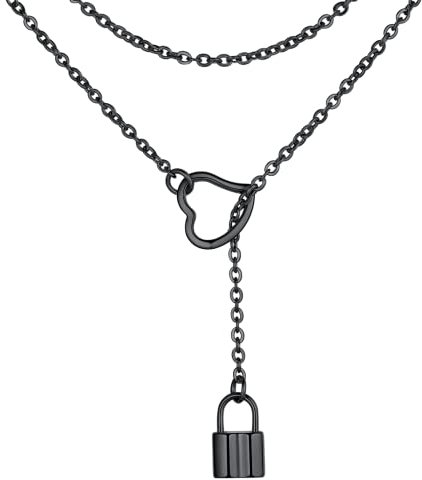 FOCALOOK Damen Lariat Kette schwarz Edelstahl Schlosse Anhänger 80cm lange Halskette verstellbar trendige Minimalist Collier Y-Kette Modeschmuck Accessoire für Valentinstag Jahrestag