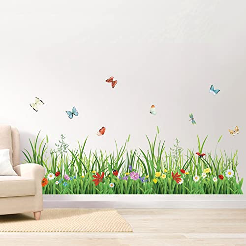 wondever Wandtattoo Gras Blumenwiese 132 x 40cm (BxH) Wandaufkleber Gräser Grüne Bordüre Wandsticker Wanddeko für Wohnzimmer Schlafzimmer