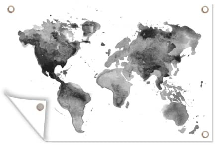 Outdoor-Poster Poster Wanddeko draußen Deko Garten Gartenposter 90x60 cm Weltkarte - Aquarell - Schwarz - Weiß - Kinder - Jungen - Mädchen