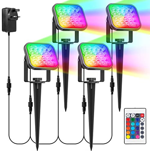 NATPOW RGB Garden Spike Lights with Remote Control - Mains Powered LED Outdoor Landscape Spotlights, IP65 Waterproof for Christmas Decorations
