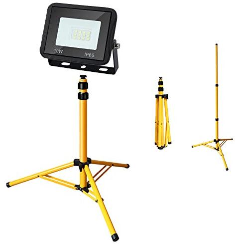 Fiqops LED Baustrahler Flutlichstrahler Teleskopstativ, 10W LED Strahler 6000K KalteWeiß + Stativ, für Baustelle, Außenleuchten Teleskop 80-160cm, Wasserdicht IP66, kein Stecker [Energieklasse A++]