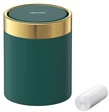 Mbillion Mini-Mülleimer mit Deckel, niedlicher Tisch-Mülleimer aus Metall, Edelstahl, 1,5 l, Abfalleimer für Büro, Salon, Auto, Schlafzimmer, Schwingdeckel, offen, Kiefernblatt grün