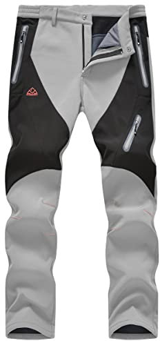 Rdruko Men's Fleece Lined Ski Trousers Windpfoof Winter Waterproof Warm Outdoor Work Hiking Walking Camping Pants with Zip Pockets Light Grey 36