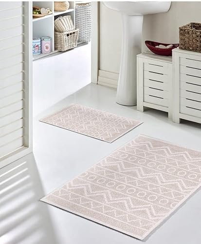 Pasha Home 2er und 1er Pack Badematte 2 Stück 40 x 60 cm Winter Beige/Badteppich aus Baumwolle/weicher Badvorleger rutschfest waschbar/moderner Badvorleger für Badezimmer, Dusche oder Küche