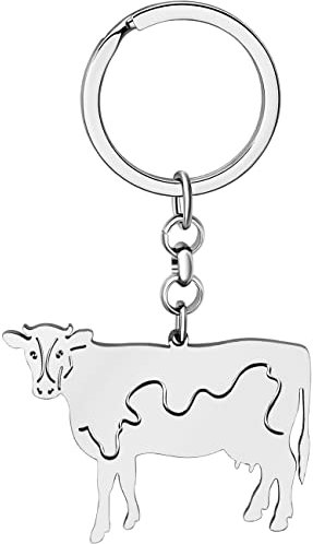 LONYOO Edelstahl Milch Kuh Schlüsselanhänger Bauernhof Tier Schlüsselanhänger Kuh Geschenke für Frauen Mädchen Geldbeutel Brieftasche Charms (Versilbert)