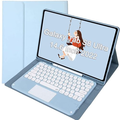 CHSTLS Round Keycap Keyboard Case for Samsung Galaxy Tab S8 Ultra 14.6 Inch 2022 with S Pen Holder, Magnetic PU Leather Stand Cover with Touchpad Detachable Wireless Bluetooth Keyboard - Misty Blue