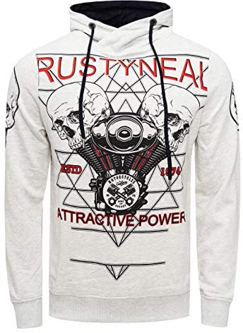 Rusty Neal Herren Kapuzenpuller Sweatshirt mit Rocker Print Biker-Sweater Langarm Skull Power Pullover 148, Farbe:Grau, Größe S-3XL:L