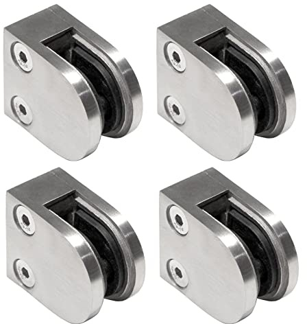 PRIOstahl Glashalter 4 Stück Glasklemmen Klemmhalter Glasplattenhalter 50 x 40 x 26 mm mit Sicherungsstift Anschluss: Flach für Glas 6 mm Geländer Treppengeländer Balkon aus Edelstahl V2A