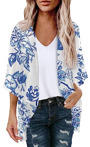 AMhomely Cardigans for Women UK Chiffon Floral Print Puff Sleeve Kimono Cardigan Loose Beach Cover Up Casual Blouse Tops Resort Wear Summer Bikini Kimono Bathing Suit Cover Ups for Swimwear, 02 Blue