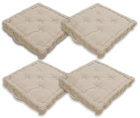Home Tresor - Cuscini per Sedie 40x40x8cm da Interno Esterno| Set da 2/4 Coprisedia Cuscino Trapuntato Sedia Cucina, Divano, Giardino, da Pavimento con Imbottitura Spessa 8 cm con Maniglie (Beige, 4)