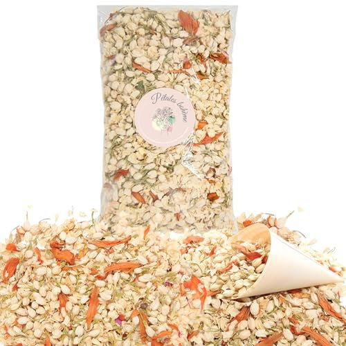 PETALES BOHEME - Confettis Mariage Orange Blanc Fleurs séchées Naturelles - 1 litre : Lys Jasmin | Décoration Bohème Champêtre - Petales de rose a Jeter Mariage - France (Orange,blanc)