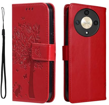 PEIYE Hülle für Honor Magic 6 Lite 5G / Honor X9b - Handyhülle mit Flip Leder, Stoßfeste Silikon Bumper, Schutzhülle mit Kartenfach & Wallet, Ständer & Magnetverschluss - Cover Case -Rot