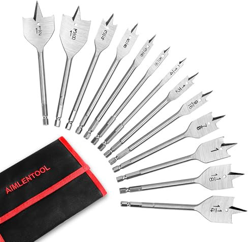 AIMLENTOOL 13 Piece Spade Drill Bit Set, Paddle Flat Bit for Woodworking, Hole Cutter Wood Drill Bit Set with Quick Change Shank, 1/4 to 1-1/2, Nylon Storage Pouch Included