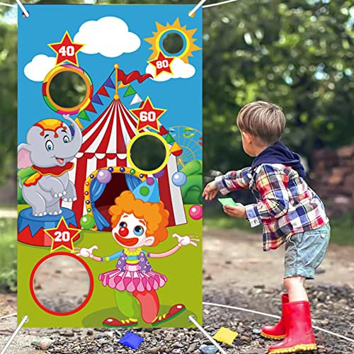 XZEIT Karneval Wurfspiel Zirkus Clown Banner, Karneval Wurf Spiel Outdoor Spiele für Kinder, Karneval Deko Banner, Große Karneval Dekorationen, Zirkus Lieferungen mit 3 Bohnentaschen(30 * 53in)