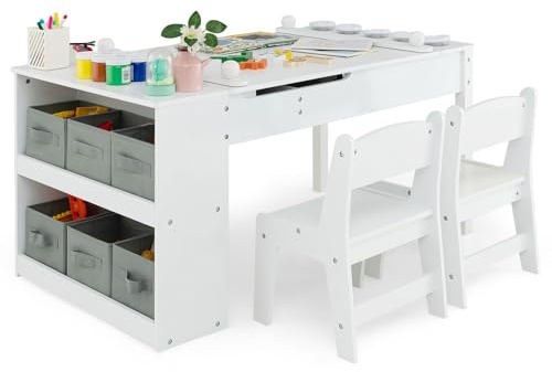 LIFEZEAL 3 in 1 Kindersitzgruppe aus Holz, Kindertisch mit 2 Stühlen, Kinder Tafel & Basteltisch & Lerntisch, Kindermöbel Kinderzimmer Set, Innen mit Papierrolle & Stauraum, ab 3 Jahren (Weiß)