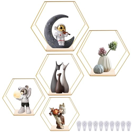 GBACHOOSE 5er Set Sechseck Wandregal Gold Sechseck Hängeregal Sechseck Schweberegale für Küchenregal Badezimmer Schlafzimmer Wanddekoration
