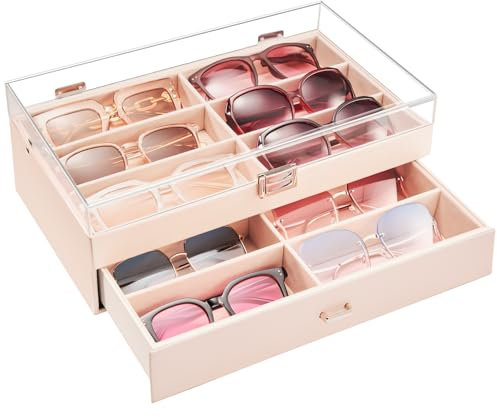 ProCase 12 Slots Acrylic Clear Top Sunglass Organizer, 2 Layers Eyeglasses Case Multi Pairs Storage Eyewear Display Holder with Transparent Lid and Drawer -Champagne