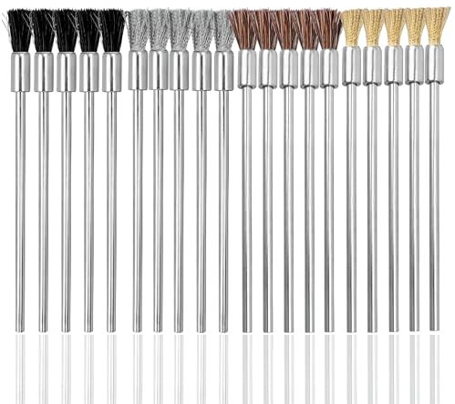 Treki 20pcs Wire Brush Set,3/32 Inch (2.38mm) Round Shank Extended Steel Wire Cleaning End Brushes Hog Bristle Wire Brush Drill Bits Brass Wire Drill Brushes Horsehair Polishing Rotary Tools for Rust