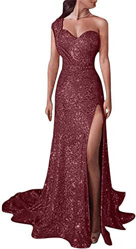 Vestito Donna Elegante Cerimonia Lungo con Paillettes, Abito da Festa Senza Maniche, Cocktail Glitter con Spacco, Scollo a V, Ballo, Maxi, Aderente, Tubino