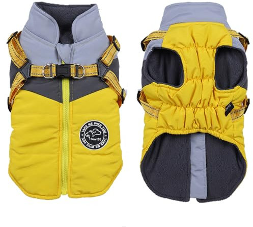 Hundejacken Savlot Hundemantel für kleine Hunde Wasserdicht Winter Warme Hunde Jacke Winddichter Wintermantel 2 in 1 Outfit Kaltwettermantel Reflektierende Welpenjacke(M, Gelb + Grau)