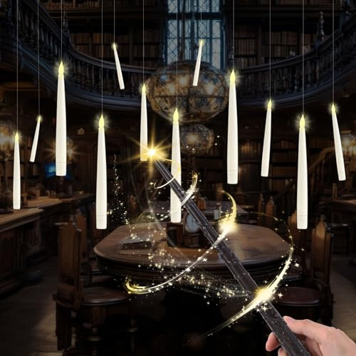 YushengTai Floating Candles, 12 Stück 16,8 cm Flackernde Schwebende Kerzen mit Har-ry Potter Zauberstab Fernbedienung, Har-ry Potter Kerzen & Zauberstab Fernbedienung für Halloween Dekoration