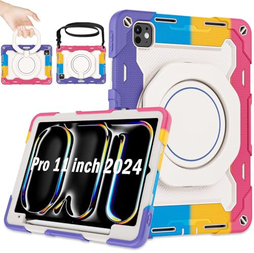 ROISKIN for iPad Pro 11 inch Case 2024 with HD Screen Protector & Shoulder Strap,Heavy Duty Shockproof Military iPad Pro 11 Inch Case 5th Generation,Pencil Holder-Rotating Stand Case for Kds-Pink