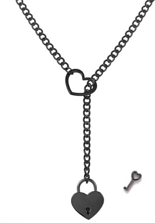 XYTDM Heart O Ring Slip Chain Choker Necklace for Women Men Stainless Steel Cuban Chain Y-shape Necklace Punk Rock Collar Necklace Adjustable Lariat Y Necklace Prom Necklace Jewelry (Black lock)