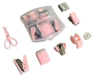 Kit de 8 piezas de suministros de oficina, bonito juego de accesorios de escritorio, juego de grapadora escolar, mini kit de suministros de oficina, estuche portátil con tijeras (rosa)
