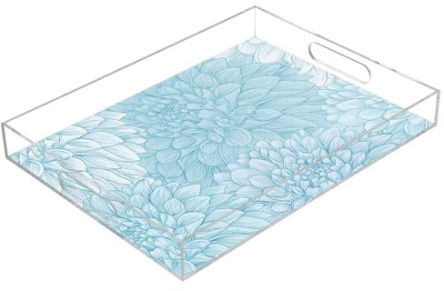Dahlia Medaillon Blumenmuster, quadratisches Acryl-Tablett mit Griffen, durchsichtiges dekoratives Tablett, auslaufsicher, durchsichtig, 30,5 x 40,6 cm
