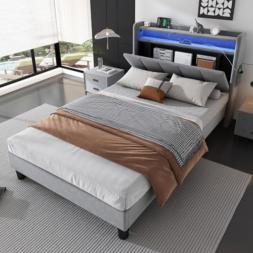 ModernLuxe 3FT Single Bed, Upholstered Bed Frame with LED Light Strip, Lower Flap Door Storage, 4 USB Port, Sturdy Youth Bed for Adults & Teenagers, Velvet, Grey, 90x190cm