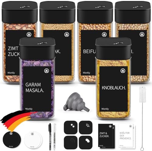 Miorkly Gewürzgläser Eckig - 6er Set mit Schwarz Edelstahl Drehdeckel, 120ML Gewürzstreuer Set mit Streueinsatz,Hochwertige Gewürzdosen,Glas Gewürz Organizer inklusive Trichter, Etikett und Stift