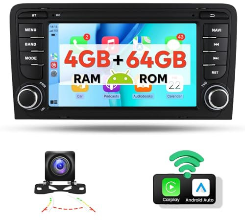 4+64G Wireless Apple Carplay & Android Auto Autoradio Android para Audi A3/S3/RS3 7 Pulgadas Pantalla Táctil Radio Coche Bluetooth con GPS WiFi EQ Mirror Link +Cámara Trasera