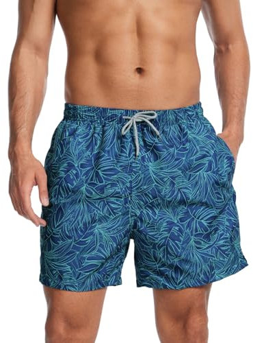 AMZSPORT Badehose Herren Wasserabweisend Badeshorts Schwimmhose mit Mesh-Futter und Taschen, Blau Blatt L