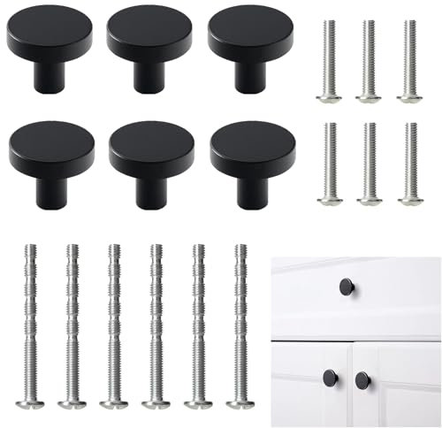 YqsIbth Black Drawer Knobs, 6 Pcs Round Cabinet Door Knobs,Matte Black Cupboard Knobs with 45 Screws for Wardrobes Kitchen Furniture 3 x 2.5 cm