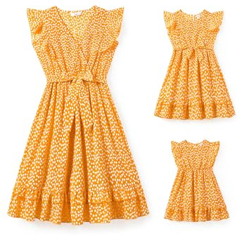 PATPAT Mutter Tochter Kleid Set: Gepunktetes Kleid mit Flatterärmeln für perfekte Familien-Matching-Outfits,Kleider für Baby - Mädchen/Mädchen/Damen