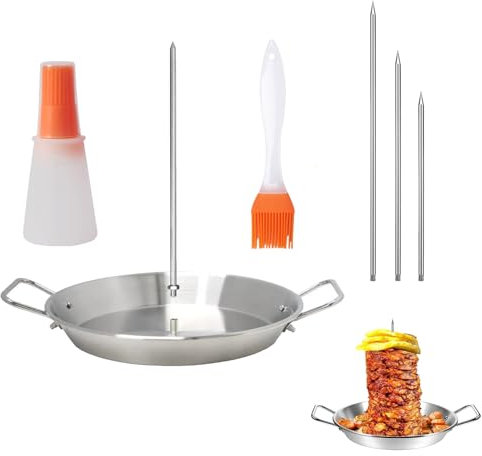 Vertical Meat Skewer Stainless Steel Vertical Skewer Vertical Kebab Skewer Grill Stand Vertical Skewer Grill Rack with 1 Gyro Pan 1 Oil Bottle 1 Brush 3 Removable Skewer for Barbecue Steak Kebab Gyros