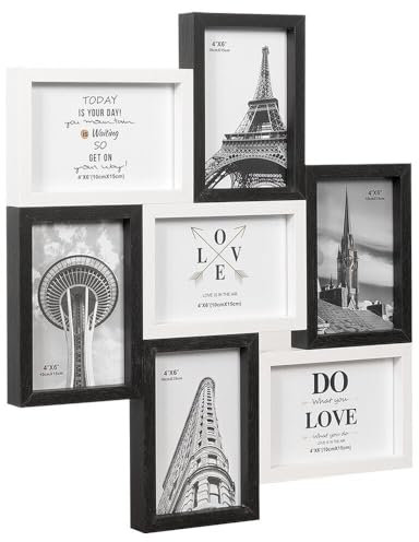 emmevi Cornice Portafoto Multipla Mosaico Legno MDF Porta Foto Parete Bianco Nero 7 Foto Da 10x15 Cm