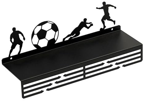 Innbee Supporto per medaglie da calcio, in acciaio, nero, palla sportiva, idea regalo per calcio, competizione, metallo, nero, montaggio a parete, con scaffale per coppe